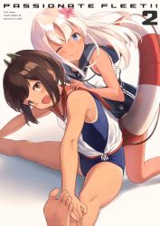 Rule 34 | 10s, 2girls, :d, ;&gt;, assisted stretching, bare arms, bare legs, bare shoulders, barefoot, blonde hair, blue eyes, blush, brown eyes, brown hair, closed mouth, crop top, flower, gradient background, hair flower, hair ornament, i-401 (kancolle), kantai collection, kneeling, lifebuoy, long hair, looking at viewer, multiple girls, one-piece swimsuit, one-piece tan, one eye closed, open mouth, ponytail, ro-500 (kancolle), sailor collar, school swimsuit, shadow, short ponytail, simple background, sitting, smile, soles, stretching, swim ring, swimsuit, swimsuit under clothes, tan, tanline, toes, u jie