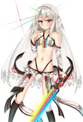 Rule 34 | 10s, 1girl, altera (fate), altera (fate) (cosplay), bad id, bad pixiv id, black socks, black nails, breasts, cameltoe, closed mouth, collarbone, commentary request, cosplay, detached sleeves, fate/extella, fate/extra, fate/kaleid liner prisma illya, fate (series), fingernails, full-body tattoo, groin, hand up, highres, holding, holding sword, holding weapon, illyasviel von einzbern, kneehighs, long hair, long sleeves, looking at viewer, microskirt, nail polish, navel, photon ray (fate), puririn, red eyes, revealing clothes, see-through, silver hair, simple background, skirt, small breasts, socks, solo, sword, tattoo, veil, weapon, white background, white skirt