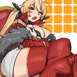 Rule 34 | 1girl, azur lane, black ribbon, blonde hair, boots, breasts, coat, crossed arms, crossed legs, epaulettes, fukukitete, fur-trimmed coat, fur trim, hair ribbon, large breasts, light blush, long hair, looking at viewer, nelson (azur lane), nelson (retrofit) (azur lane), open mouth, red coat, red eyes, red footwear, ribbon, signature, sitting, solo, swept bangs, thigh boots, twintails, very long hair
