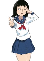 Rule 34 | &gt;;o, 10s, 1girl, ;o, bad id, bad twitter id, black eyes, black hair, blue skirt, constricted pupils, eyelashes, hand on own head, highres, index finger raised, kitten crow, kurata tome, long sleeves, miniskirt, mob face, mob psycho 100, official style, one eye closed, open mouth, pleated skirt, pointing, school uniform, serafuku, short hair, simple background, skirt, solo, sweat, v-shaped eyebrows