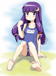 Rule 34 | 1girl, crescent, crescent hair ornament, female focus, hair ornament, long hair, name tag, no headwear, no headwear, one-piece swimsuit, patchouli knowledge, purple hair, school swimsuit, solo, swimsuit, touhou
