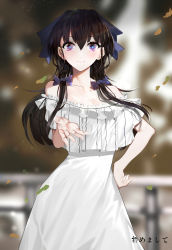 Rule 34 | 1girl, bare shoulders, black hair, blue bow, blush, bow, breasts, cleavage, closed mouth, collarbone, hair bow, hentairo, highres, large breasts, leaf, long hair, looking at viewer, off shoulder, original, purple eyes, sketch, skirt, smile, solo, twintails