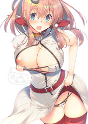 Rule 34 | 10s, 1girl, belt, blue eyes, breast pocket, breasts, brown hair, buttons, dress, hair between eyes, kantai collection, large breasts, long hair, mutsuno hekisa, neckerchief, nipples, open clothes, open dress, open mouth, panties, pocket, ponytail, red neckerchief, red thighhighs, saratoga (kancolle), simple background, solo, thighhighs, underwear, white background, white dress, white panties