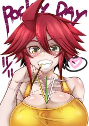 Rule 34 | 1girl, bare shoulders, blush, breasts, candy, cleavage, dated, eyebrows, food, green eyes, heterochromia, highres, large breasts, looking at viewer, monster girl, monster musume no iru nichijou, pocky, portrait, red hair, sharp teeth, short hair, solo, stitches, tank top, teeth, virusotaku, yellow eyes, zombie, zombina (monster musume)