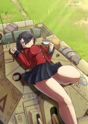Rule 34 | 1girl, absurdres, black hair, blue eyes, breasts, cup, girls und panzer, hair over one eye, highres, holding, holding cup, inisipis, large breasts, lying, military uniform, military vehicle, miniskirt, motor vehicle, on back, outdoors, panties, pantyshot, short hair, skirt, solo, st. gloriana&#039;s military uniform, tank, tea, teacup, underwear, uniform, vanilla (girls und panzer), white panties