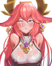 Rule 34 | 1girl, absurdres, animal ears, bare shoulders, blush, breasts, bukkake, closed mouth, covered erect nipples, cum, cum in mouth, cum on clothes, cum on hair, cumdrip, earrings, facial, fox ears, genshin impact, hair between eyes, headpiece, highres, jewelry, large breasts, long hair, looking to the side, one eye closed, pendant, pink hair, prev/next, purple eyes, see-through, shirt, signature, sleeveless, sleeveless shirt, solo, upper body, wet, wet clothes, wet shirt, white background, white shirt, yae miko