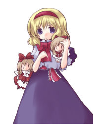 Rule 34 | 1girl, alice margatroid, bow, bowtie, capelet, doll, female focus, futami yayoi, hairband, hourai doll, looking at viewer, lowres, red bow, red bowtie, shanghai doll, simple background, size difference, solo, touhou, white background