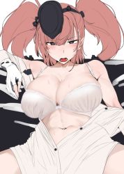 Rule 34 | 1girl, atlanta (kancolle), black eyes, black hat, blush, bra, breasts, brown hair, cleavage, garrison cap, gloves, hair between eyes, hat, headgear, kantai collection, large breasts, long hair, looking at viewer, navel, open clothes, open mouth, partially fingerless gloves, simple background, solo, sweat, tears, twintails, two side up, underwear, white background, white bra, yukiguni yuu