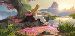 Rule 34 | 1girl, absurdres, blonde hair, cherry blossoms, dress, gradient sky, highres, long hair, nature, nintendo, pointy ears, pond, princess zelda, ruoruoqiuu, sandals, scenery, sitting, sky, solo, strapless, strapless dress, sun, sunset, the legend of zelda, tree, water, white dress, wide shot