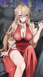 Rule 34 | 1girl, blonde hair, blue eyes, blush, breasts, brown choker, car interior, choker, cleavage, closed mouth, cocktail dress, commentary, commentary request, crossed bangs, dress, english commentary, feet out of frame, flower, glasses, hair between eyes, hair flower, hair ornament, highres, kisaragi ayane, large breasts, long hair, looking to the side, mahjong soul, medium bangs, mixed-language commentary, red-framed eyewear, red dress, semi-rimless eyewear, sitting, sleeveless, sleeveless dress, smile, solo, ticker (kks2ksy), under-rim eyewear, very long hair, white flower