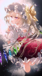 Rule 34 | 1girl, backlighting, blonde hair, bloom, blunt bangs, bow, cloud, commentary request, crystal, dark background, dress, finger to mouth, flandre scarlet, floral print, frills, from behind, hair bow, hand up, hat, heart, heart-shaped pupils, highres, lips, looking ahead, looking to the side, majamari, mob cap, one side up, outdoors, petticoat, pink eyes, profile, puffy short sleeves, puffy sleeves, red dress, reflection, short hair, short sleeves, solo, symbol-shaped pupils, touhou, wading, water, white hat, wings, wrist cuffs, yellow bow