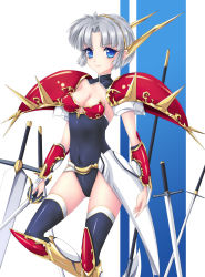 Rule 34 | 1girl, armor, black thighhighs, breasts, cleavage, fred0092, gloves, hairband, highres, langrisser, langrisser ii, looking at viewer, sherry (langrisser), short hair, silver hair, small breasts, smile, solo, sword, thighhighs, weapon