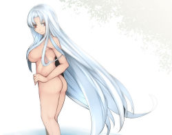 Rule 34 | 1girl, aoshima, ass, breasts, commentary request, completely nude, feet out of frame, hair censor, highres, large breasts, long hair, nude, red eyes, sakata nemuno, silver hair, simple background, solo, standing, thighs, touhou, very long hair, wading, water, white background