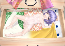 Rule 34 | 1girl, ;o, bare legs, barefoot, blanket, blunt bangs, chemise, chest of drawers, drawer, full body, gplnbeat, in container, looking at viewer, lying, needle, nightgown, on back, one eye closed, open mouth, polka dot, purple eyes, purple hair, seigaiha, sheath, sheathed, short hair, solo, strapless, sukuna shinmyoumaru, toes, touhou, yawning