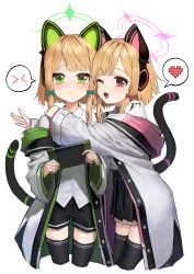 Rule 34 | 2girls, :&lt;, absurdres, animal ear headphones, black shorts, black skirt, black thighhighs, blonde hair, blue archive, bow, cat ear headphones, cat tail, closed mouth, collared shirt, commentary, fake animal ears, fake tail, frown, green bow, green eyes, hair bow, halo, handheld game console, headphones, heart, highres, holding, holding handheld game console, hug, jacket, kir (khw66136132), midori (blue archive), momoi (blue archive), multiple girls, one eye closed, open mouth, pink bow, pleated skirt, red eyes, shirt, short hair, shorts, siblings, simple background, sisters, skirt, smile, speech bubble, spoken expression, spoken heart, tail, thighhighs, twins, white background, white jacket, white shirt