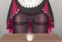 Rule 34 | 1girl, black pantyhose, cleft of venus, crack, cracked wall, cup, dress, drink, female focus, genshin impact, gluteal fold, highres, lifted by self, lower body, maid, noelle (genshin impact), pantyhose, pee, peeing, peeing in cup, peeing self, solo, steam, table, teacup, wooden table, z282g