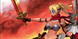 Rule 34 | 1girl, armlet, armor, arrow (projectile), bad id, bad twitter id, bare shoulders, blonde hair, blue eyes, breastplate, breasts, brown gloves, cleavage, closed mouth, commentary request, day, earrings, elbow pads, embers, fire, gloves, goggles, hair between eyes, hand up, holding, holding spear, holding sword, holding weapon, jewelry, large breasts, long hair, midriff, navel, outdoors, polearm, quiver, red scarf, red shorts, scarf, short shorts, shorts, smile, smoke, solo, spear, stomach, sword, upper body, washi no tosaka, weapon, z/x