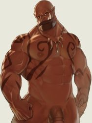 Rule 34 | 1boy, abs, arm tattoo, bald, bara, censored, chest tattoo, completely nude, contrapposto, dark skin, fangs, flaccid, garrosh hellscream, large pectorals, looking at viewer, male focus, monster boy, mosaic censoring, muscular, muscular male, navel, necklace, nipples, nude, orc, pectorals, penis, ryker, smirk, solo, stomach, tattoo, thick thighs, thighs, tooth necklace, veins, veiny penis, warcraft, world of warcraft