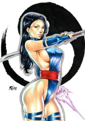 Rule 34 | 1girl, artist request, ass, black hair, blue leotard, breasts, curvy, energy sword, glowing, glowing hand, highleg, highleg leotard, highres, holding, holding sword, holding weapon, huge ass, katana, large breasts, legs apart, leotard, lips, long hair, looking at viewer, looking to the side, marvel, painting (medium), parted lips, psylocke, red sash, revealing clothes, sash, shiny clothes, shiny skin, skindentation, solo, standing, sword, thong leotard, traditional media, very long hair, weapon, wide hips, x-men, yin yang, yin yang print