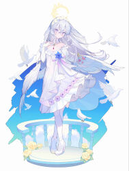 Rule 34 | 1girl, absurdres, arm behind back, azusa (blue archive), bird, blue archive, blush, breasts, bridal gauntlets, bridal veil, bride, dress, feathered wings, full body, halo, head tilt, highres, ice (icepuli), looking at viewer, pantyhose, pigeon, purple eyes, small breasts, solo, veil, wedding dress, white dress, white footwear, white pantyhose, white wings, wings