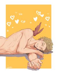 Rule 34 | 1boy, boku no hero academia, border, brown hair, collarbone, facial hair, feathered wings, feathers, hawks (boku no hero academia), heart, highres, looking at viewer, lying, male focus, mature male, nude, on side, outside border, parted lips, red feathers, red wings, shidatsu takayuki, sideburns, smile, solo, thick eyebrows, toned, toned male, upper body, white border, wings
