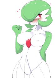 Rule 34 | 1girl, absurdres, arm behind back, ashraely, averting eyes, bad id, bad pixiv id, blush, bob cut, breasts, clenched hand, collarbone, colored skin, cowboy shot, creatures (company), embarrassed, female focus, flying sweatdrops, game freak, gardevoir, gen 3 pokemon, green hair, green skin, groin, hair over one eye, hand up, happy, heart, highres, large breasts, looking to the side, multicolored skin, navel, nintendo, nipples, nose blush, open mouth, pokemon, pokemon (creature), pussy, red eyes, shiny skin, short hair, simple background, smile, solo, standing, sweat, thick thighs, thighs, two-tone skin, uncensored, white background, white skin, wide hips