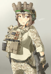 Rule 34 | 1girl, ammunition pouch, assault rifle, ayyh, bad id, bad pixiv id, brown eyes, brown hair, camouflage, carabiner, digital camouflage, eotech, fingerless gloves, gloves, gun, h&amp;k hk416, handgun, headset, heckler &amp; koch, helmet, highres, load bearing vest, looking at viewer, magazine (weapon), military, military operator, night-vision device, open mouth, original, bulletproof vest, pouch, rifle, short hair, solo, trigger discipline, weapon, wide field of view device, window magazine