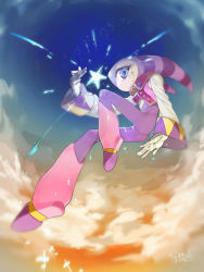 Rule 34 | 1other, androgynous, blue eyes, bodysuit, cloud, cloudy sky, flying, gloves, hat, jester, jester cap, long sleeves, mojaranmo, moon, nights (character), nights into dreams, profile, sega, sky, smile, solo, vest, white gloves