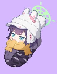 Rule 34 | 1girl, animal ears, beanie, blue archive, blush, cheenack, chibi, fake animal ears, green eyes, green halo, halo, hat, highres, open mouth, purple background, purple hair, rabbit ears, saki (blue archive), scarf, short hair, simple background, solo, white hat, yellow scarf