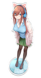 Rule 34 | 1girl, absurdres, animal ears, blue eyes, blue sweater, breasts, brown footwear, brown hair, brown pantyhose, closed mouth, collarbone, collared shirt, drawn ears, fake animal ears, frown, full body, go-toubun no hanayome, green skirt, hair between eyes, hands in pockets, headphones, highres, jacket, kongbai, large breasts, loafers, long hair, long sleeves, looking at viewer, miniskirt, nakano miku, open clothes, open jacket, pantyhose, pleated skirt, school uniform, shirt, shoes, sidelocks, skirt, solo, sweater, undershirt, white jacket, white shirt