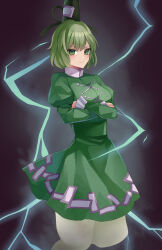 Rule 34 | 1girl, absurdres, black hat, blush, closed mouth, crossed arms, dress, electricity, ghost tail, green dress, green eyes, green hair, hair between eyes, hat, highres, juliet sleeves, koizumo, long sleeves, ofuda, ofuda on clothes, puffy sleeves, short hair, soga no tojiko, solo, tate eboshi, touhou