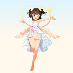 Rule 34 | 1girl, :d, absurdres, akagi miria, arm up, armpits, bare legs, barefoot, brown eyes, brown hair, choker, collarbone, dopamine70, dress, feathered wings, feet, full body, gradient background, halo, heart, heart-shaped pupils, highres, idolmaster, idolmaster cinderella girls, layered dress, leg up, looking at viewer, open mouth, outstretched arms, pink ribbon, ribbon, see-through, shiny skin, short hair, smile, solo, standing, standing on one leg, strapless, strapless dress, symbol-shaped pupils, tareme, thigh gap, toes, two side up, white choker, white dress, white wings, wing hair ornament, wings, wristband