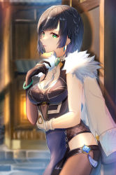 Rule 34 | 1girl, black hair, black thighhighs, blue dress, blue hair, braid, breasts, cleavage, cocoa 11vv, dice, dress, earrings, elbow gloves, from side, fur-trimmed jacket, fur trim, genshin impact, gloves, green eyes, highres, jacket, jacket on shoulders, jewelry, large breasts, looking at viewer, mole, mole on breast, multicolored hair, short hair, single elbow glove, sleeveless, sleeveless dress, solo, tassel, thighhighs, two-tone hair, vision (genshin impact), white gloves, white jacket, yelan (genshin impact)