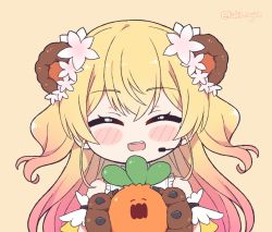 Rule 34 | 1girl, :d, ^ ^, animal ears, animal hands, arm garter, bear ears, bear girl, bear paws, blonde hair, blush stickers, chibi, closed eyes, commentary, english commentary, facing viewer, fang, frilled shirt, frills, gloves, gradient hair, green eyes, headset, hololive, kukie-nyan, long hair, momosuzu nene, multicolored hair, nekko (momosuzu nene), open mouth, paw gloves, pink hair, shirt, sleeveless, sleeveless shirt, smile, solo, twitter username, two side up, virtual youtuber, |d