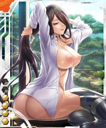 Rule 34 | 1girl, armor, armpits, ass, boots, bottomless, breasts, brown hair, card (medium), card (orange-sr), card (sr), covered erect nipples, curvy, female focus, fuuma saika, hair over one eye, huge ass, large breasts, lilith-soft, long hair, looking at viewer, looking back, makeup, navel, nipples, nude, open mouth, orange eyes, puffy nipples, red eyes, shiny skin, sitting, skin tight, sky, smile, straight hair, taimanin (series), taimanin asagi, taimanin asagi battle arena all card gallery, taimanin asagi kessen arena, thigh boots, thighhighs, tight clothes, very long hair, wooden floor, zol