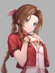Rule 34 | 1girl, aerith gainsborough, arm belt, bangle, bracelet, braid, braided ponytail, breasts, brown hair, buttons, choker, cropped jacket, dress, final fantasy, final fantasy vii, final fantasy vii remake, green eyes, grey background, hair ribbon, hands on own chest, jacket, jewelry, long hair, looking at viewer, medium breasts, nail polish, own hands together, parted bangs, pink dress, pink nails, pink ribbon, red jacket, ribbon, sasanomesi, short sleeves, sidelocks, smile, solo, upper body, wavy hair