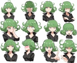 Rule 34 | 1girl, angry, blush, crying, disgust, expression chart, expressions, frown, green eyes, green hair, highres, one-punch man, pout, smirk, solo, surprised, tagme, tatsumaki, unamused