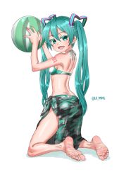 Rule 34 | 1girl, absurdres, ball, barefoot, beachball, bikini, blue eyes, blue hair, feet, hatsune miku, highres, long hair, looking at viewer, open mouth, soles, swimsuit, toes, twintails, vocaloid