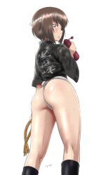 Rule 34 | 1girl, absurdres, ass, blush, bottle, brown eyes, brown hair, closed mouth, from behind, from below, fundoshi, girls und panzer, highres, hiyama yuu (wee259hiyama), japanese clothes, looking at viewer, looking down, mizu happi, nishizumi maho, shiny skin, short hair, simple background, solo, sweat, water bottle, white background