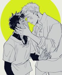 Rule 34 | 2boys, blush, closed mouth, clothes grab, collared shirt, dungeon meshi, greyscale with colored background, hand on another&#039;s face, hand on another&#039;s neck, hand up, hands up, highres, imminent kiss, kabru, laios touden, long sleeves, looking at another, male focus, multiple boys, nishimura, shirt, short hair, simple background, sleeve grab, standing, tongue, tongue out, tunic, upper body, very short hair, yaoi, yellow background