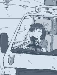 Rule 34 | 1girl, attempted suicide, closed eyes, collared shirt, driving, hamsterfragment, medium hair, monochrome, motor vehicle, nose bubble, original, peril, school uniform, shirt, sitting, sleeping, sleeping upright, solo, steering wheel, suicidal girl (hamsterfragment), suicide, tagme