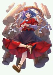 Rule 34 | 1girl, :d, black skirt, blue eyes, blue hair, eyebrows hidden by hair, full body, grey background, hair ornament, highres, interlocked fingers, leaf, leaf hair ornament, long sleeves, looking at viewer, maple leaf, masakichi (mmw), official art, onbashira, open mouth, own hands together, pillar, puffy short sleeves, puffy sleeves, red shirt, sandals, shide, shirt, short hair, short sleeves, simple background, skirt, smile, solo, strange creators of outer world, teeth, third-party source, toenails, touhou, upper teeth only, white sleeves, yasaka kanako, zouri