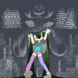 Rule 34 | 1girl, 49 male, absurdly long hair, arms up, asymmetrical legwear, belt, blood, blood on hands, blue shirt, brown belt, brown footwear, cat, claws, commentary, crying, cutoffs, denim, denim shorts, diamond print, green hair, grey background, grey shirt, hair between eyes, heavy, holding cloth, long hair, looking at viewer, midriff, navel, one eye closed, open mouth, original, print shirt, print thighhighs, purple thighhighs, shirt, shoes, short shorts, short sleeves, shorts, sitting, sitting on head, sitting on person, solo, splatter print, standing, thighhighs, toes up, translation request, twintails, two-tone shirt, very long hair