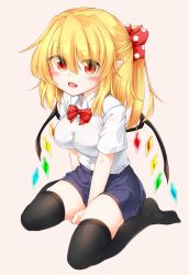Rule 34 | 1girl, black thighhighs, blonde hair, blue skirt, blush, bow, bra, bra visible through clothes, bralines, breasts, buttons, collar, crystal, eyes visible through hair, flandre scarlet, hair between eyes, highres, large breasts, looking at viewer, marukyuu ameya, medium hair, multicolored wings, no headwear, no shoes, open mouth, pink background, pink bra, ponytail, red bow, red eyes, red neckwear, school uniform, see-through, seiza, shirt, short sleeves, simple background, sitting, skirt, solo, thighhighs, touhou, underwear, wet, wet clothes, wet shirt, white collar, white shirt, white sleeves, wings