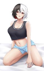 Rule 34 | 1girl, azur lane, bare arms, bare shoulders, black hair, black tank top, blue shorts, breasts, bruenhilde (azur lane), cleavage, commentary, crop top, crop top overhang, hair between eyes, highres, jakqbigone, large breasts, looking at viewer, midriff, multicolored hair, nail polish, navel, red eyes, red nails, seiza, short hair, short shorts, shorts, simple background, sitting, solo, stomach, tank top, thighs, two-tone hair, white background, white hair
