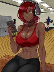 Rule 34 | 1girl, 1other, abs, bench, black pants, breasts, ceiling, ceiling light, cellphone, cleavage, dark-skinned female, dark skin, exercise, exercise machine, fingernails, green eyes, gym, headphones, highres, holding, holding phone, indoors, jewelry, large breasts, lights, lips, looking at phone, muscular, muscular female, original, pants, pendant, phone, red hair, red nails, red sports bra, resting, sacrokies, short hair, signature, sitting, smartphone, sports bra, stained clothes, sweat, sweaty clothes, tan, wooden bench, wooden floor, yoga pants