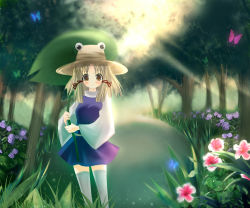 Rule 34 | 1girl, bad deviantart id, bad id, blonde hair, blush, bug, butterfly, dew drop, female focus, flower, forest, grass, green eyes, hair ornament, hair ribbon, hat, insect, lily pad, marionette (excle), moriya suwako, nature, outdoors, plant, ribbon, sky, smile, solo, sunlight, thighhighs, touhou, tree, water, water drop, white thighhighs, zettai ryouiki