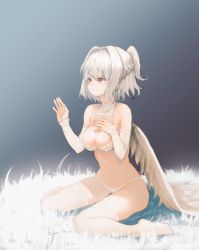 Rule 34 | 1girl, arm warmers, bare shoulders, bra, braid, breasts, cleavage, closed mouth, expressionless, feathered wings, french braid, full body, gradient background, hair intakes, half updo, hand on own chest, heoningu, highres, jewelry, kishin sagume, looking up, medium breasts, navel, panties, red eyes, ring, silver hair, simple background, single wing, sitting, solo, thighhighs, touhou, underwear, underwear only, wariza, white background, white bra, white panties, white thighhighs, wings