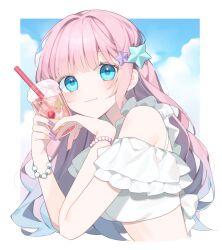 Rule 34 | 1girl, bare shoulders, beads, blue eyes, blue hair, blue sky, bracelet, closed mouth, cloud, crop top, cropped torso, cup, drinking straw, frills, gradient hair, hair ornament, highres, holding, holding cup, jewelry, long hair, looking at viewer, multicolored hair, nail polish, original, pearl bracelet, pink hair, shirt, sky, smile, solo, star (symbol), star hair ornament, upper body, white shirt, yachishi orca
