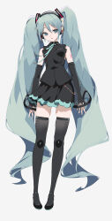 Rule 34 | 1girl, absurdly long hair, absurdres, adapted costume, aqua eyes, aqua hair, aqua ribbon, arm tattoo, bare shoulders, black footwear, black shirt, black skirt, black sleeves, black thighhighs, breasts, collared shirt, detached sleeves, dress shirt, expressionless, full body, grey background, hair between eyes, hair ornament, half-closed eyes, hatsune miku, head tilt, headphones, headset, highres, long hair, long sleeves, looking at viewer, miniskirt, neck ribbon, number tattoo, open mouth, parted lips, pigeon-toed, pleated skirt, ribbon, rsk (tbhono), see-through, see-through sleeves, shirt, shoulder tattoo, sidelocks, simple background, skindentation, skirt, sleeveless, sleeveless shirt, sleeves past wrists, small breasts, solo, standing, tattoo, thighhighs, thighs, twintails, very long hair, vocaloid, white background, wide sleeves, wing collar, zettai ryouiki